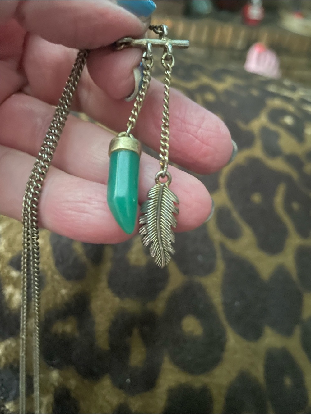 Steve Madden Green Stone Pendant with Feather Charm Necklace